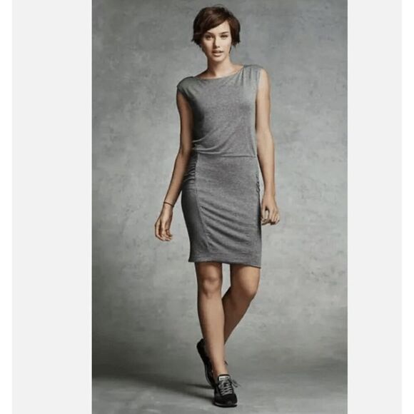 Athleta Dresses & Skirts - Athleta Micro Striped Westwood Dress Taupe White Ruched Sleeveless Oversized XS